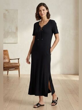 Ralph‎ Lauren black ribbed knit cotton maxi dress size L